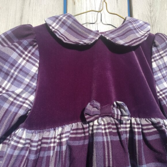 Vintage 80s Girls Dress Purple Plaid Velour 90s Prairie Pioneer Long Sleeves - Picture 4 of 10